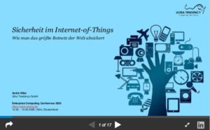 Text "Sicherheit im Internet-of-Things" neben einer Hand die nach verschiedenen technischen Geräten greift