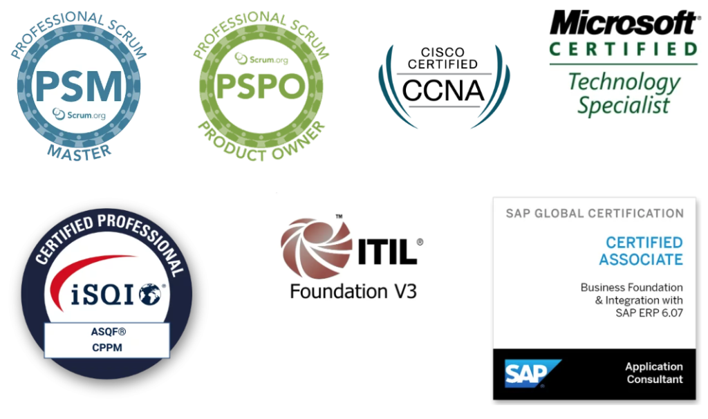 Verschiedene Logos von Zertifikaten von Scrum.org, Microsoft, ITIL und SAP 